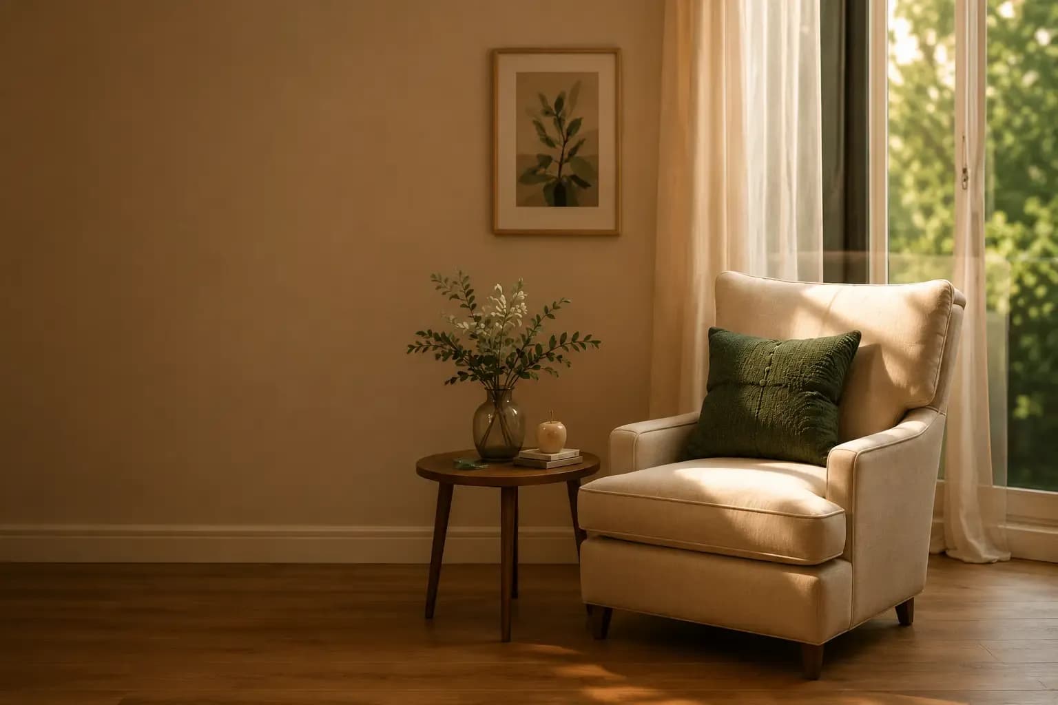 Inviting armchair, side table with flowers, and framed art by a sunlit window.